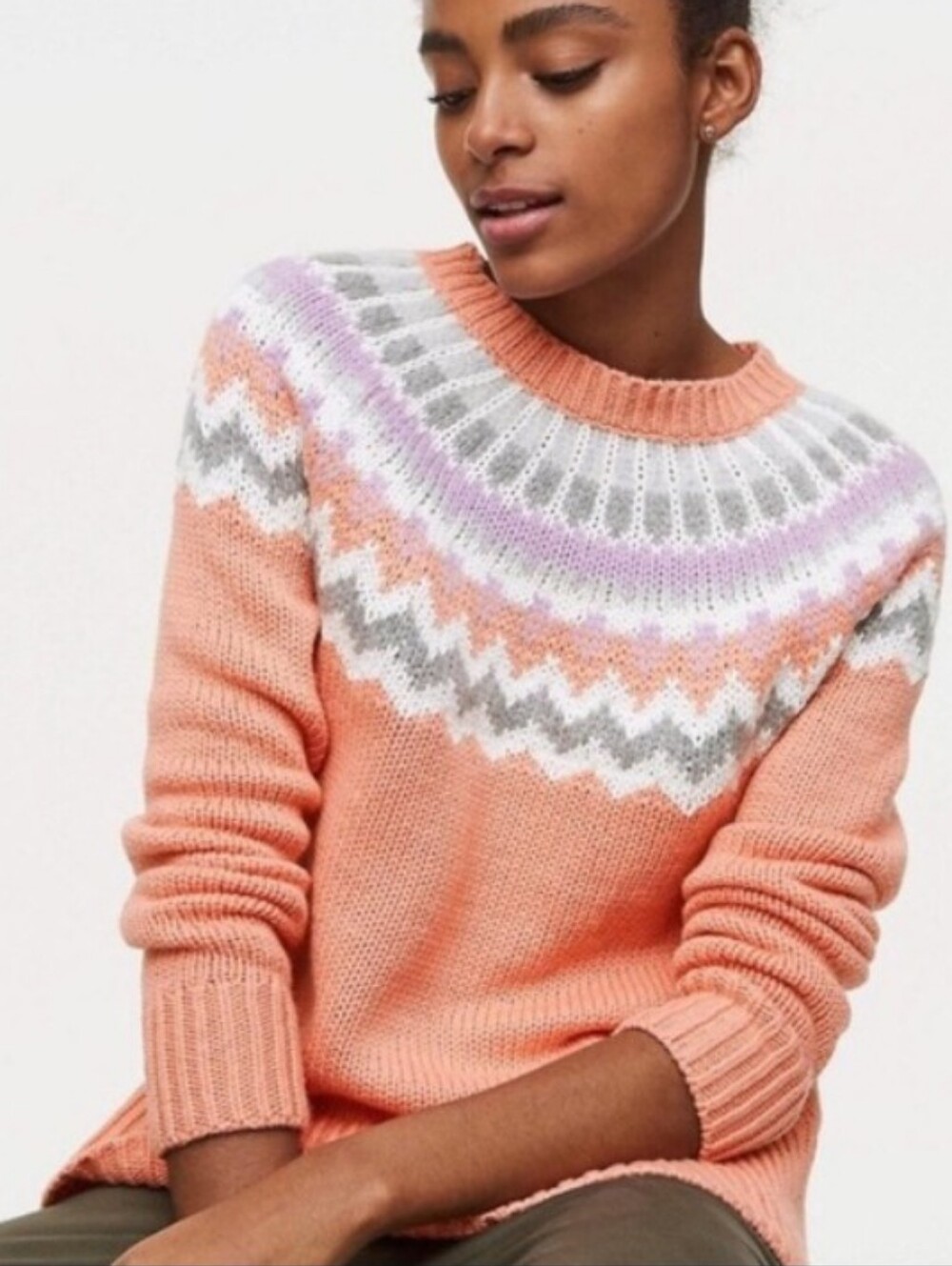 LOFT Sweater Round Crew Neck Long Sleeve Fair Isle Nordic Peach Orange L